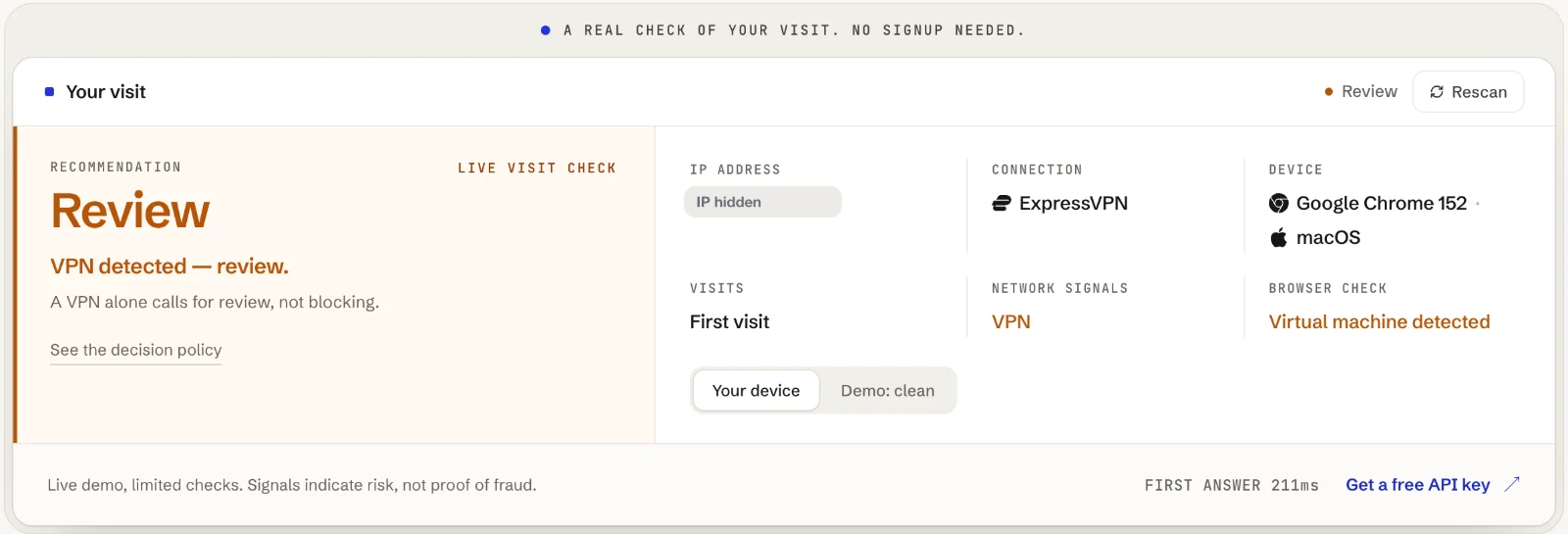 Maskbreak live check in an Aurorium profile: Review, VPN detected; connection ExpressVPN; device Google Chrome 152 on macOS; browser check: virtual machine detected; first visit; the IP address is hidden