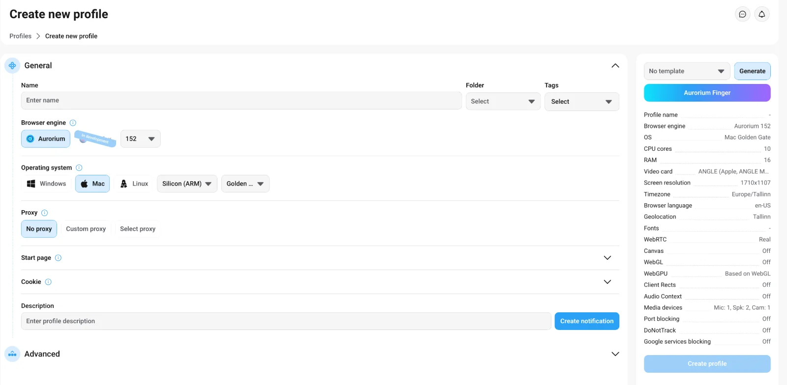 Aurorium profile editor: browser engine Aurorium 152, operating system Mac, no proxy, timezone Europe/Tallinn, geolocation Tallinn, canvas and WebGL set to Off