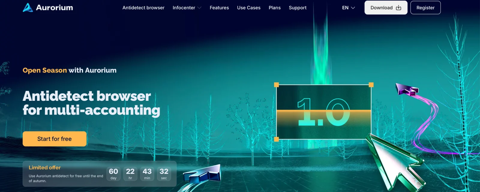 Aurorium home page headline “Antidetect browser for multi-accounting”, version 1.0, a Start for free button and a limited offer to use it free until the end of autumn