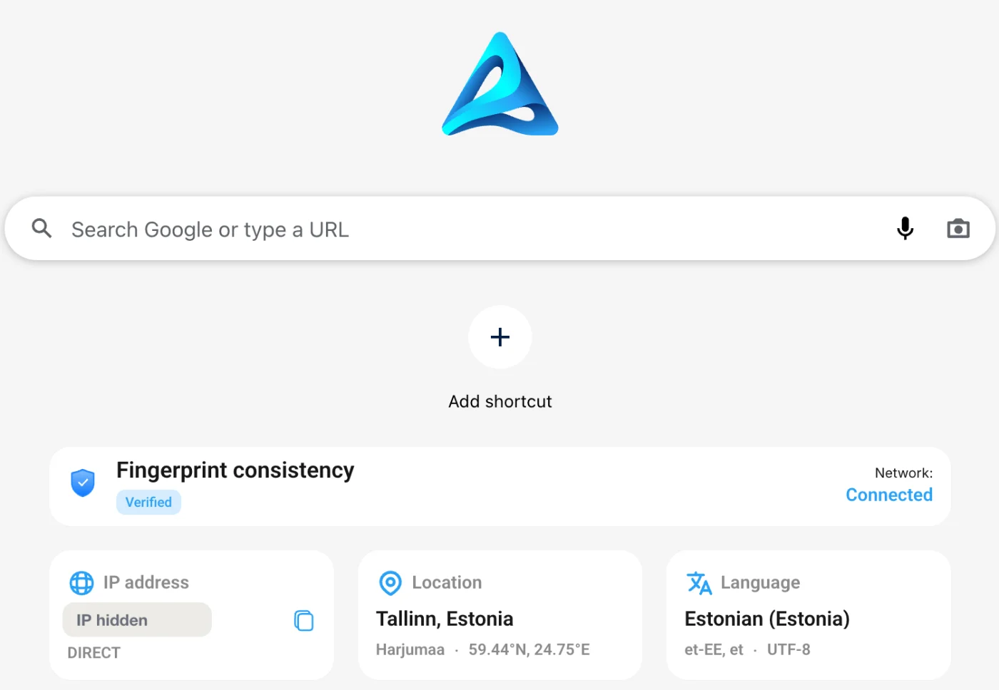 Aurorium new tab page showing Fingerprint consistency: Verified, network connected, location Tallinn, Estonia, language Estonian; the IP address is hidden