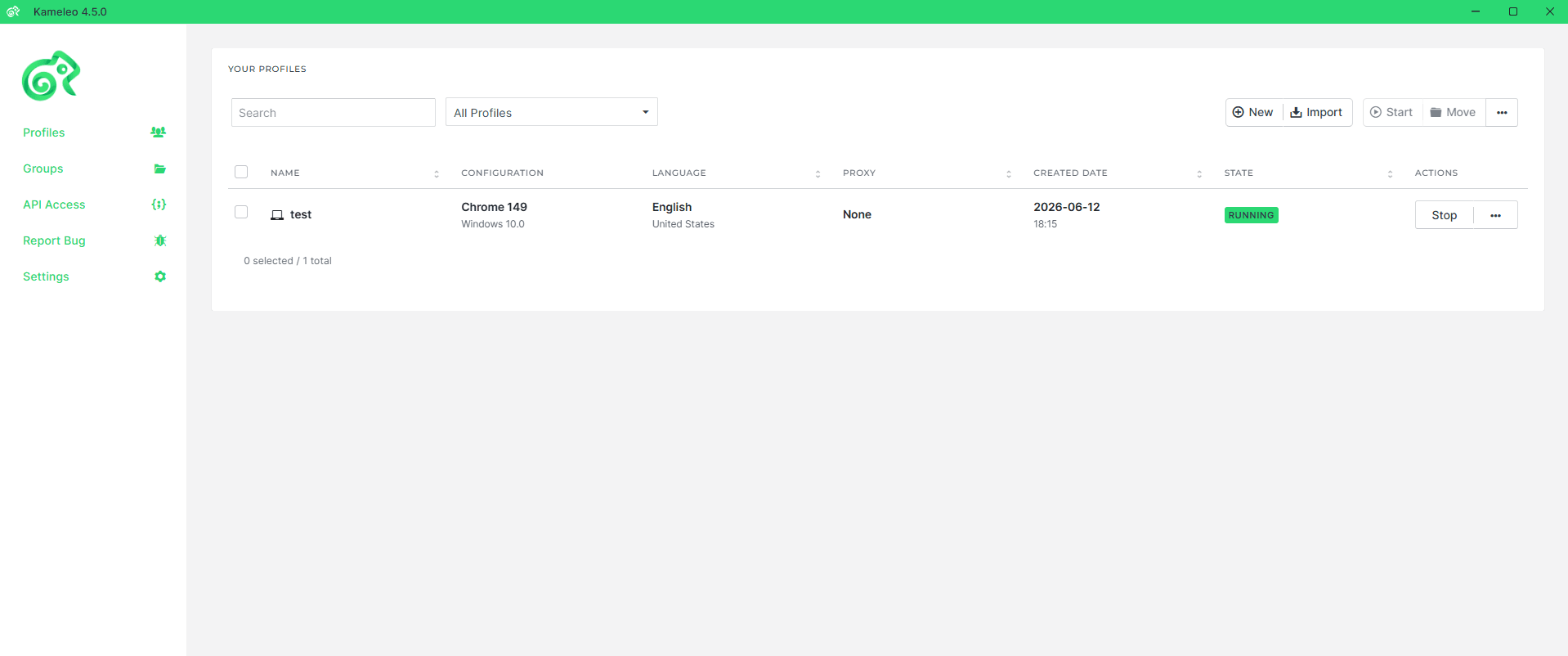 Kameleo 4.5.0 dashboard showing a running Chrome 149 / Windows 10 profile with no proxy