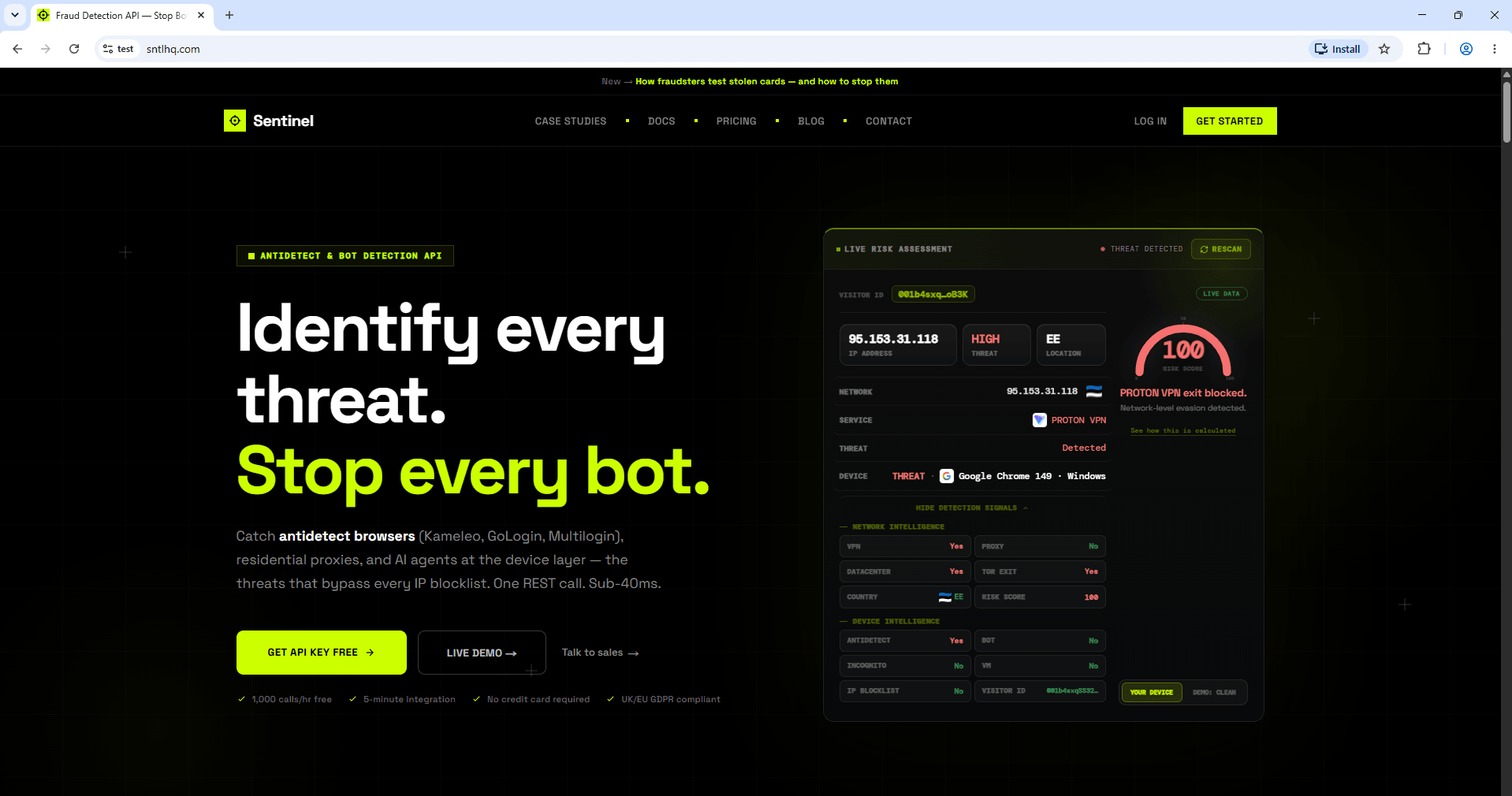 Maskbreak live scanner flagging the Kameleo profile: risk score 100, antidetect yes, Proton VPN exit blocked