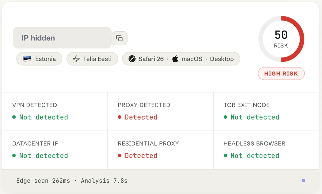 Maskbreak IP lookup card through the mobile proxy: Estonia, Telia Eesti, Safari 26 on macOS; risk 50, high risk; VPN not detected, proxy detected, Tor exit not detected, datacenter IP not detected, residential proxy detected, headless browser not detected; the IP address is hidden
