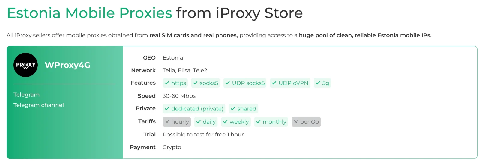iProxy Store listing for Estonia mobile proxies: seller WProxy4G, networks Telia, Elisa and Tele2, https and socks5, dedicated or shared, daily to monthly tariffs, free one-hour trial, payment in crypto