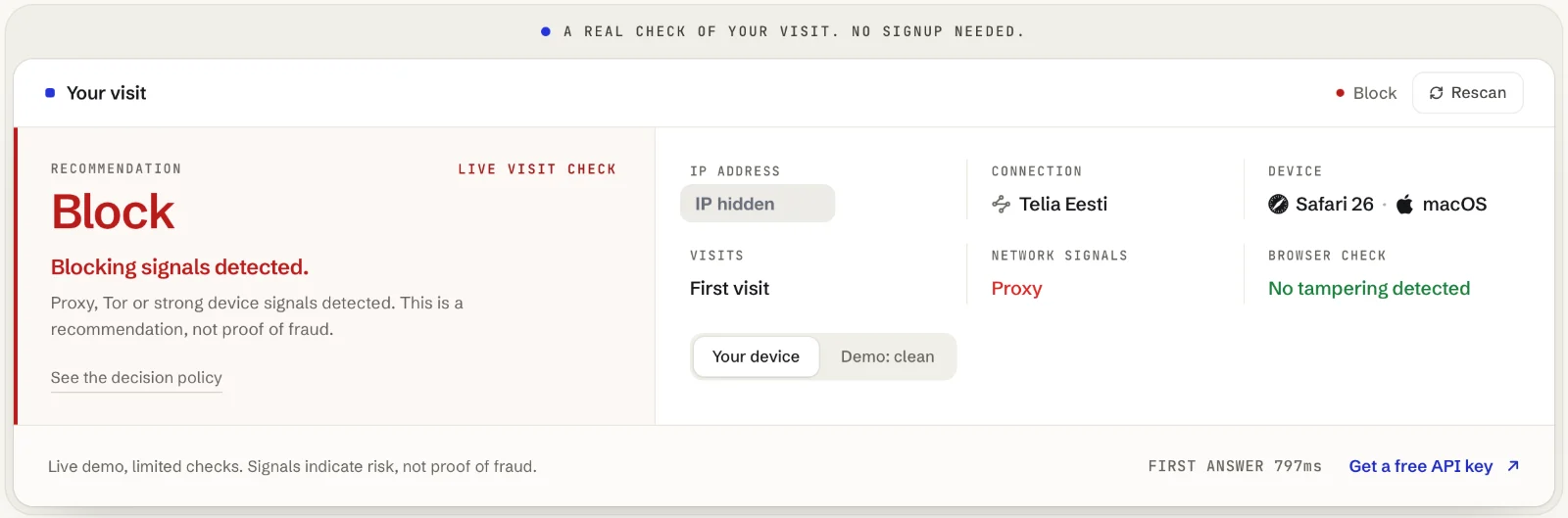 Maskbreak live check through the mobile proxy: Block, blocking signals detected; connection Telia Eesti; device Safari 26 on macOS; network signals: proxy; browser check: no tampering detected; first visit; the IP address is hidden