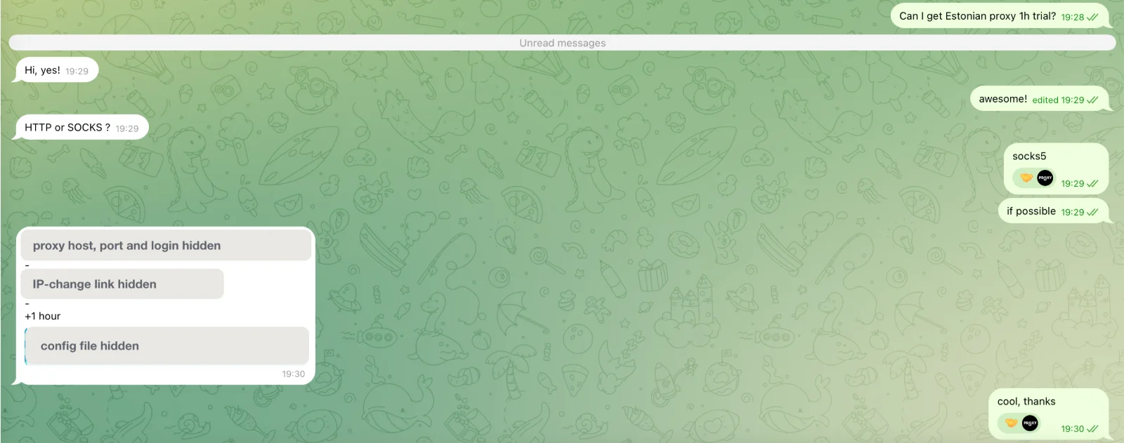 Telegram chat with the proxy seller: a request for a one-hour Estonian trial at 19:28, a SOCKS5 proxy delivered at 19:30; the host, port, login, IP-change link and config file are hidden