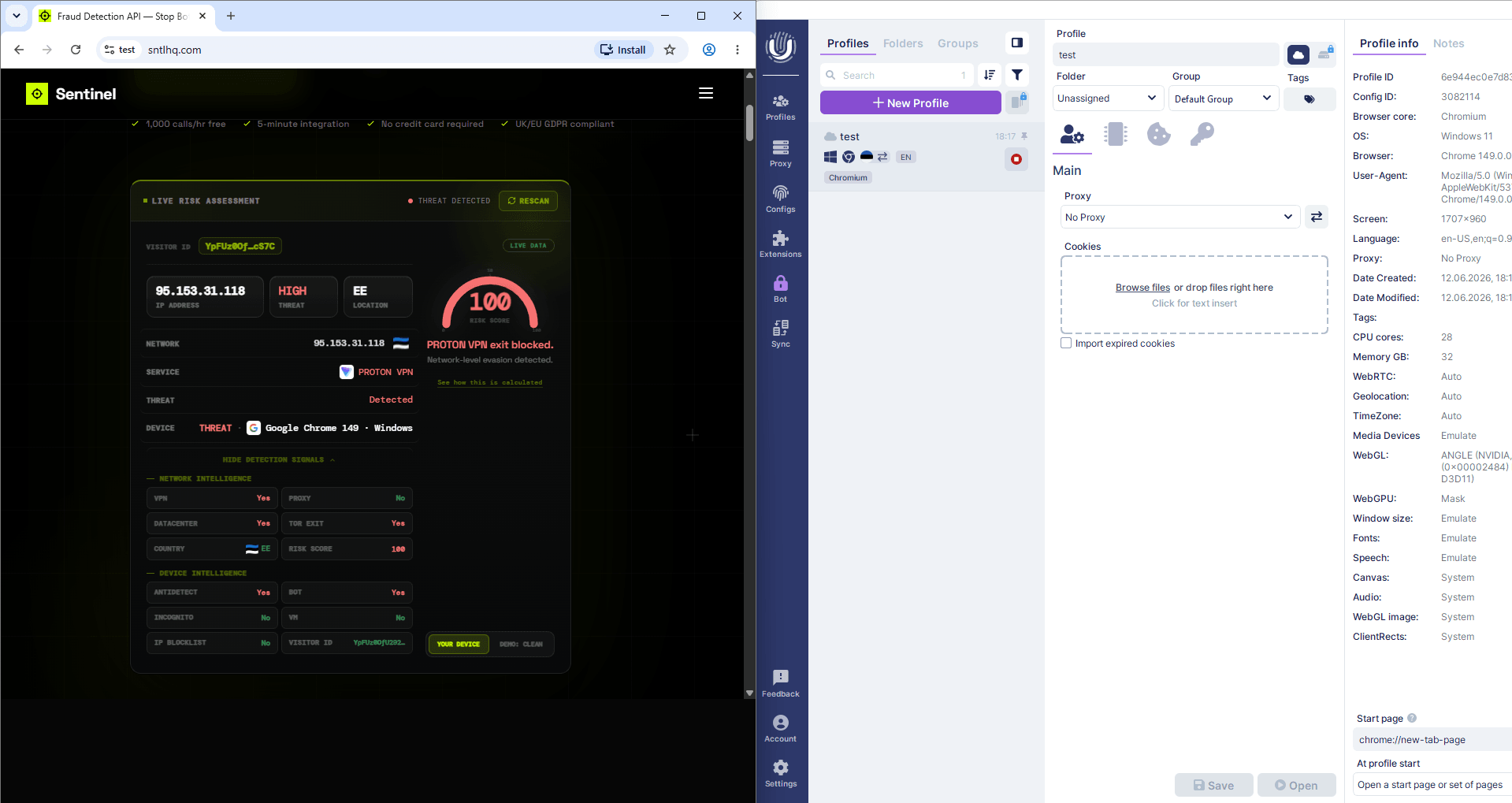 Undetectable browser profile flagged by Maskbreak: risk score 100, antidetect yes, bot yes